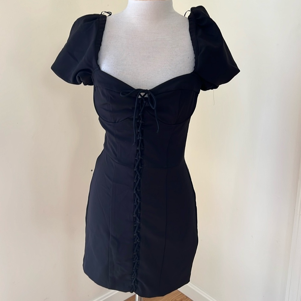 Zara medium black lace up corset puffy sleeve mini dress.